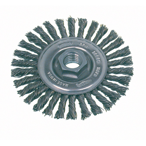 Brosse rotative &agrave; fils nou&eacute;s pour petites meuleuses haute vitesse, pour passe de fond, Dia. 4", Fils 0,02", Arbre 5/8"-11, Acier Ontario Safety Products