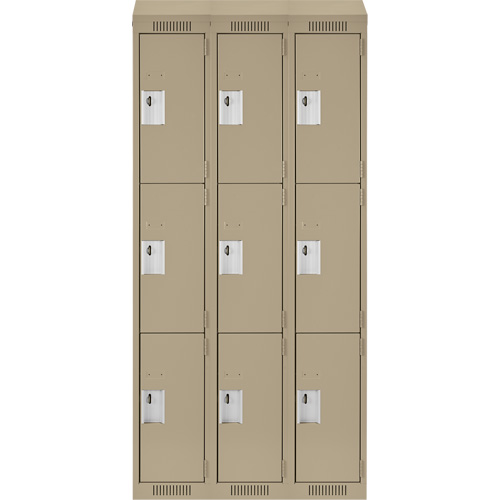 Clean Line Lockers, 3 -tier, Bank of 3, 36" x 18" x 78", Steel, Beige, Rivet (Assembled) Ontario Safety Products