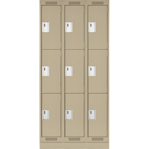 Clean Line Lockers, 3 -tier, Bank of 3, 36" x 18" x 76", Steel, Beige, Rivet (Assembled) Ontario Safety Products