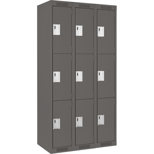 Clean Line Lockers, 3 -tier, Bank of 3, 36" x 18" x 72", Steel, Charcoal, Rivet (Assembled) Ontario Safety Products