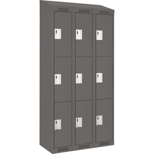 Clean Line Lockers, 3 -tier, Bank of 3, 36" x 18" x 78", Steel, Charcoal, Rivet (Assembled) Ontario Safety Products