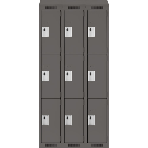 Clean Line Lockers, 3 -tier, Bank of 3, 36" x 18" x 78", Steel, Charcoal, Rivet (Assembled) Ontario Safety Products