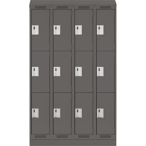 Clean Line Lockers, 3 -tier, Bank of 4, 48" x 18" x 82", Steel, Charcoal, Rivet (Assembled) Ontario Safety Products