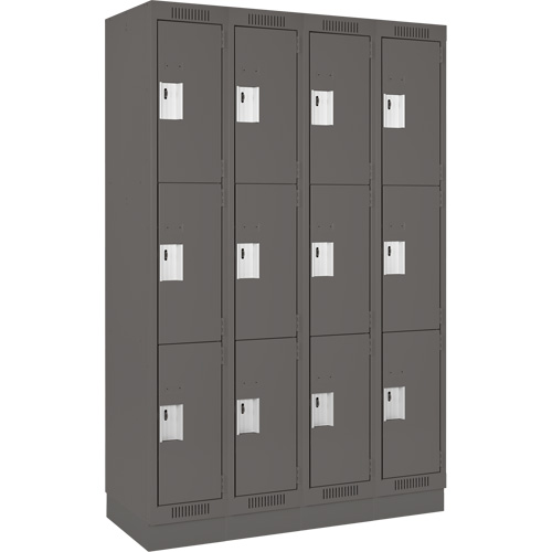 Clean Line Lockers, 3 -tier, Bank of 4, 48" x 18" x 76", Steel, Charcoal, Rivet (Assembled) Ontario Safety Products
