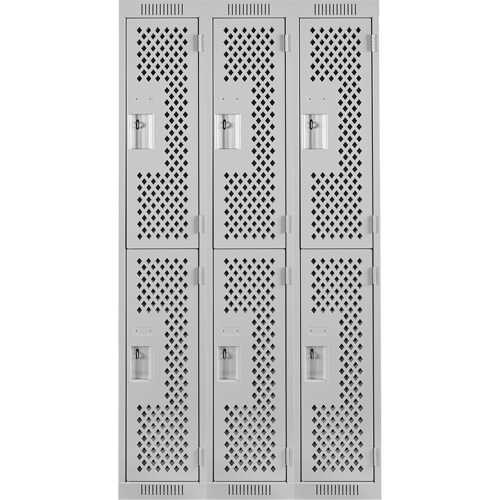 Clean Line Lockers, 2 -tier, Bank of 3, 36" x 12" x 72", Steel, Grey, Rivet (Assembled), Perforated Ontario Safety Products
