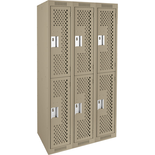 Clean Line Lockers, 2 -tier, Bank of 3, 36" x 12" x 72", Steel, Beige, Rivet (Assembled), Perforated Ontario Safety Products