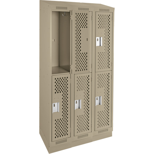 Clean Line Lockers, 2 -tier, Bank of 3, 36" x 12" x 82", Steel, Beige, Rivet (Assembled), Perforated Ontario Safety Products
