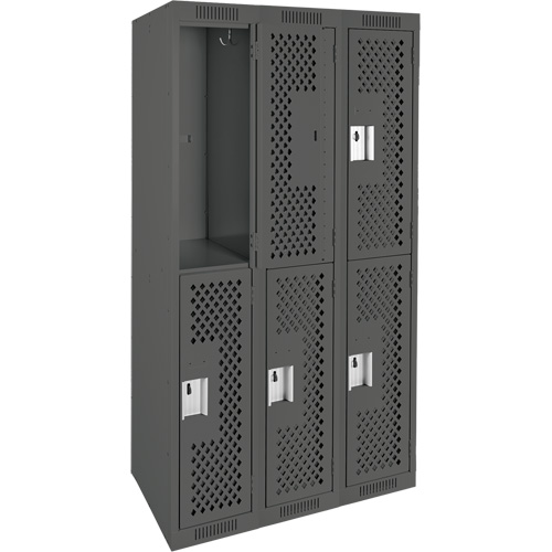 Clean Line Lockers, 2 -tier, Bank of 3, 36" x 15" x 72", Steel, Charcoal, Rivet (Assembled), Perforated Ontario Safety Products