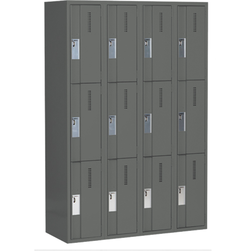 Concorde Heavy-Duty Lockers, 3 -tier, Bank of 4, 48" x 18" x 72", Steel, Charcoal, Welded (Assembled) Ontario Safety Products