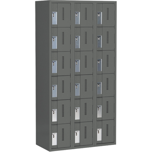 Concorde Heavy-Duty Lockers, 6 -tier, Bank of 3, 36" x 18" x 72", Steel, Charcoal, Welded (Assembled) Ontario Safety Products