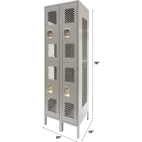 Vented Lockers, 2 -tier, Bank of 2, 24" x 18" x 78", Steel, Grey, Knocked Down, Perforated Ontario Safety Products