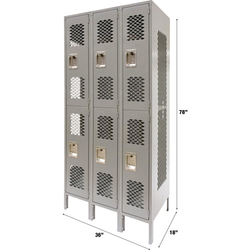 Casiers ventil&eacute;s, 2 niveaux, Bloc de 3, 36" x 18" x 78", Acier, Gris, D&eacute;mont&eacute;, Perfor&eacute; Ontario Safety Products