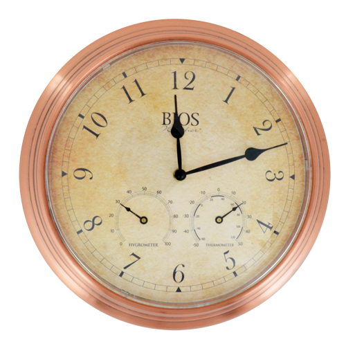 Horloge ext&eacute;rieure 3 en 1, Analogique, &agrave; piles, 14" dia., Brun Ontario Safety Products
