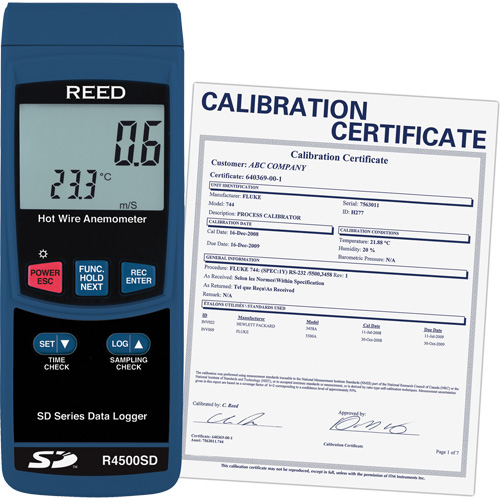 Thermo-an&eacute;mom&egrave;tres &agrave; fil chaud avec enregistrement de donn&eacute;es et certificat de calibration, Enregistrement des donn&eacute;es, Gamme de v&eacute;locit&eacute; d'air de 0,2 - 25 m/sec Ontario Safety Products