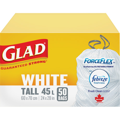 Sacs &agrave; ordures hauts 45 L avec Febreze, R&eacute;gulier, 24" la x 28" lo, Blanc Ontario Safety Products