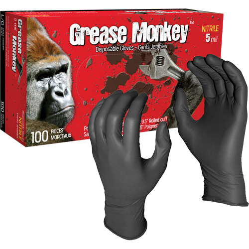 Gants jetables Grease Monkey, Grand, Nitrile, 5 mils, Sans poudre, Noir Ontario Safety Products