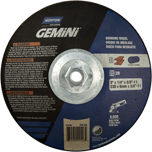 Meule soucoupes Gemini, 9" x 1/4", Arbre 5/8"-11, Oxyde d'aluminium, Type 28 Ontario Safety Products