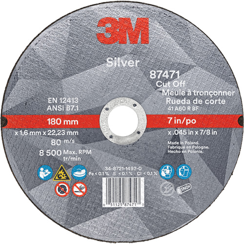 Silver Cut-Off Wheel, 7" x 0.045", 7/8" Arbor, Type 1, Ceramic, 8500 RPM Ontario Safety Products