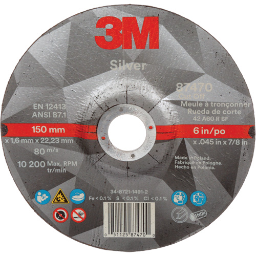 Silver Cut-Off Wheel, 6" x 0.045", 7/8" Arbor, Type 27, Ceramic, 10200 RPM Ontario Safety Products