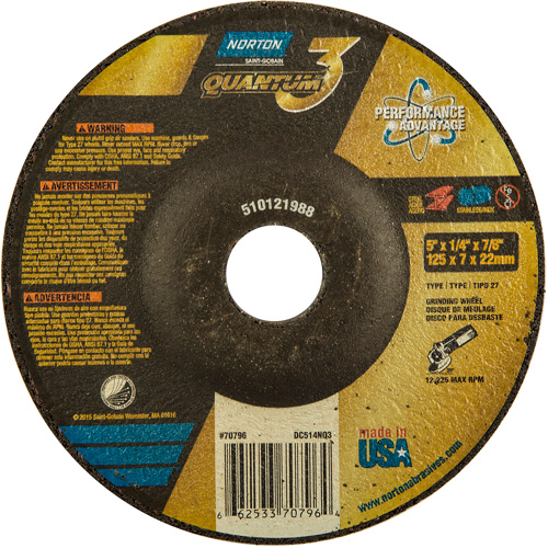 Meule Quantum3, 5" x 1/4", Arbre 7/8", C&eacute;ramique, Type 27 Ontario Safety Products
