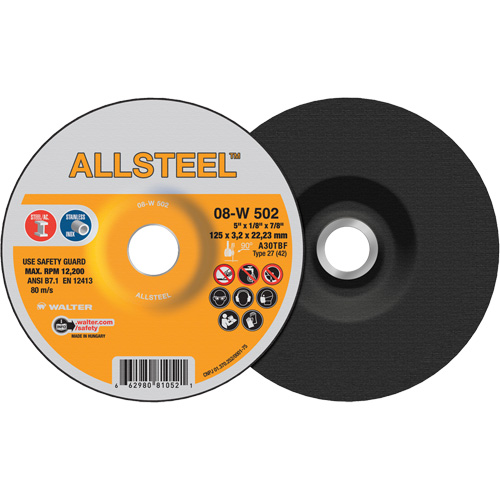 AllSteel Grinding Wheel, 5" x 1/8", 7/8" Arbor, Aluminum Oxide, Type 27 Ontario Safety Products