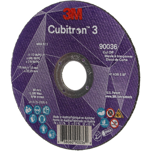 Meule &agrave; tronçonner Cubitron 3, 4-1/2" x 0,045", Arbre de 7/8", Type T1, C&eacute;ramique, 13 300 Tr/min Ontario Safety Products