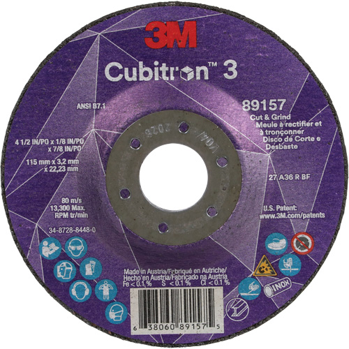 Cubitron 3 Cut and Grind Wheel, 4-1/2" x 1/8", 7/8" Arbor, Type 27, 36 Grit, Ceramic Ontario Safety Products