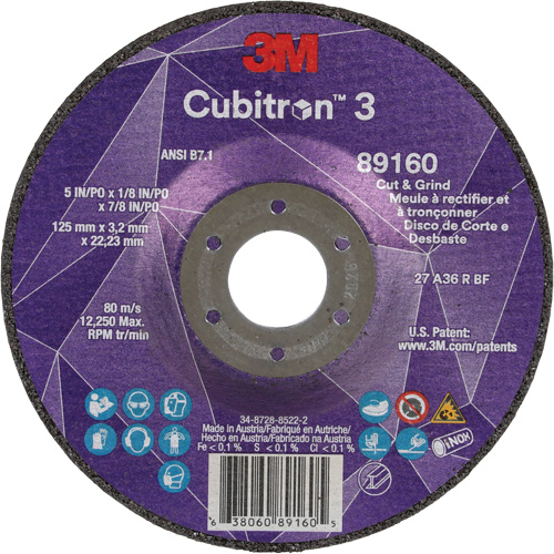 Cubitron 3 Cut and Grind Wheel, 5" x 1/8", 7/8" Arbor, Type 27, 36 Grit, Ceramic Ontario Safety Products