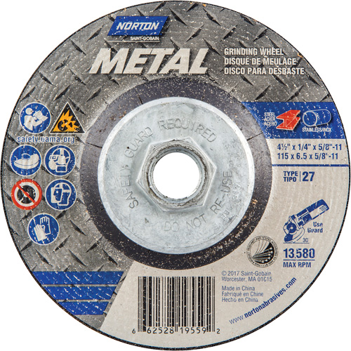Meule pour le m&eacute;tal, 4-1/2" x 1/4", Arbre 5/8"-11, Oxyde d'aluminium, Type 27 Ontario Safety Products