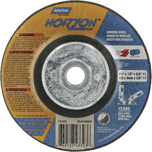 NorZon Plus SGZ CA Grinding & Cutting Wheel, 4-1/2" x 1/8", 5/8"-11 Arbor, Type 27, Ceramic Alumina Ontario Safety Products