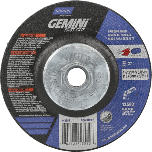 Gemini Grinding Wheel, 4-1/2" x 1/4", 5/8"-11 Arbor, Aluminum Oxide, Type 27 Ontario Safety Products