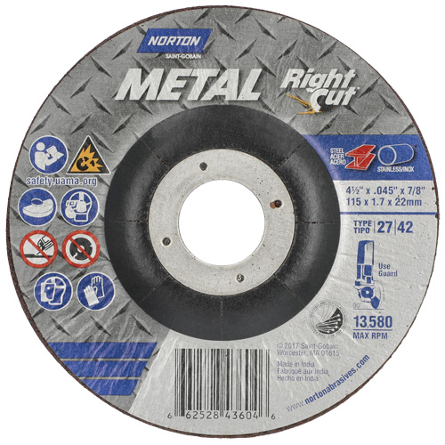 Metal RightCut Right Angle Cut-Off Wheel, 4-1/2" x 0.045", 7/8" Arbor, Type 27, Aluminum Oxide, 13580 RPM Ontario Safety Products