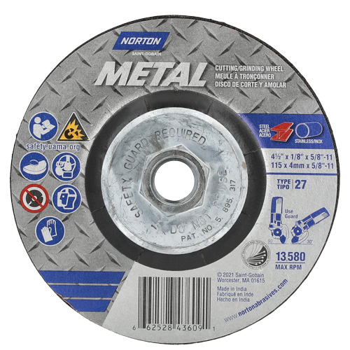 Metal Grinding & Cutting Wheel, 4-1/2" x 1/8", 5/8"-11 Arbor, Type 27, Aluminum Oxide Ontario Safety Products
