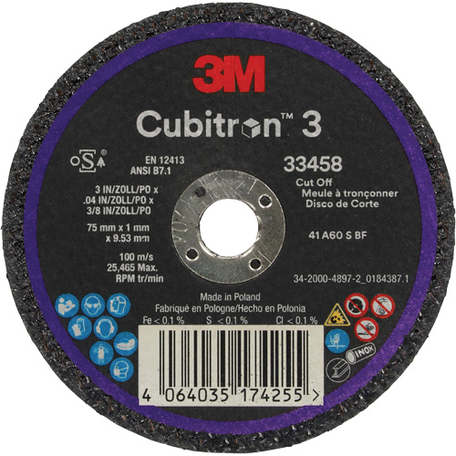 Cubitron 3 Cut-Off Wheel, 3" x 0.039", 3/8" Arbor, Ceramic Ontario Safety Products