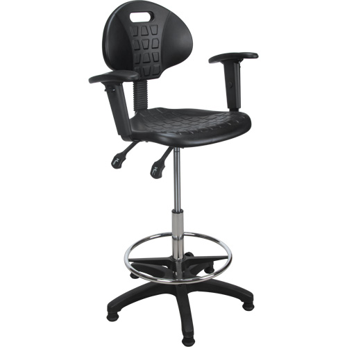 Tabouret ergonomique robuste avec accoudoirs r&eacute;glables, Stationnaire, Ajustable, 39" - 48", Polyur&eacute;thane Si&egrave;ge, Noir Ontario Safety Products