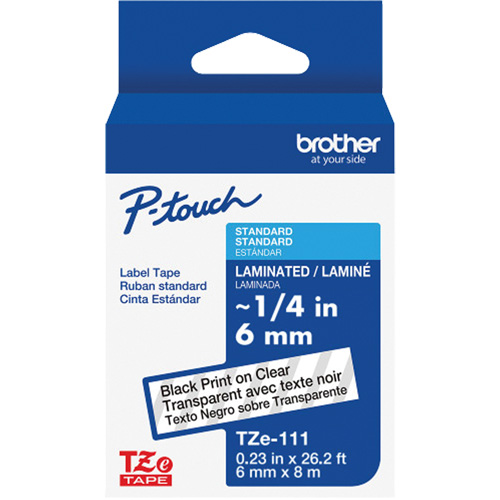 TZe-111 Laminated Tape for TZe-Compatible P-Touch Label Makers, Black on Clear, 0.23" Width Ontario Safety Products