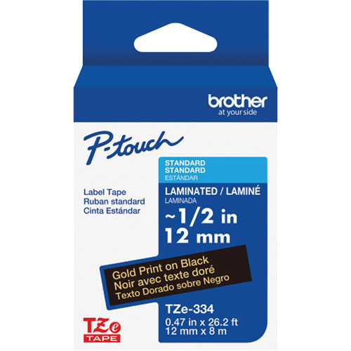TZe-334 Laminated Tape for TZe-Compatible P-Touch Label Makers, Gold on Black, 0.47" Width Ontario Safety Products