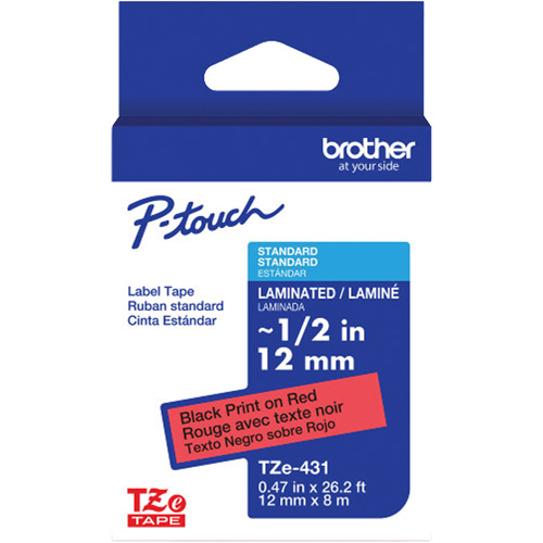 Ruban lamin&eacute; TZe-431 pour &eacute;tiqueteuses P-Touch compatibles avec les rubans TZe, 12 mm x 8 m, Noir/rouge Ontario Safety Products