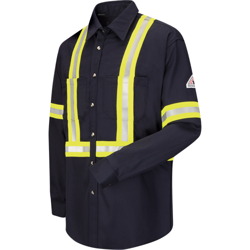 Work Shirt with Reflective Trim, Cotton/Nylon, Small, Navy Blue Ontario Safety Products