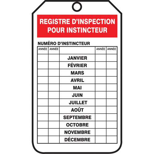 &eacute;tiquettes de s&eacute;curit&eacute; d'inspection et de contr&ocirc;le de l'&eacute;tat de l'&eacute;quipement, Plastique, 3-1/8" la x 5-7/8" h, Français Ontario Safety Products