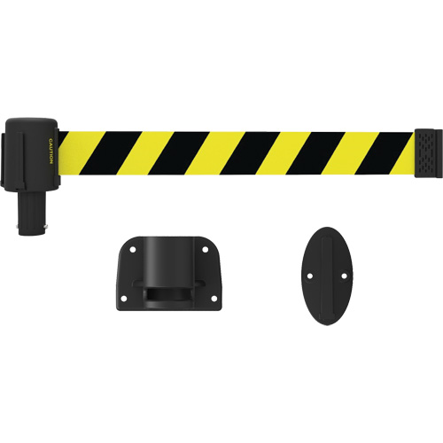 PLUS Wall Mount Barrier System, Plastic, Screw Mount, 15', Black and Yellow Tape Ontario Safety Products