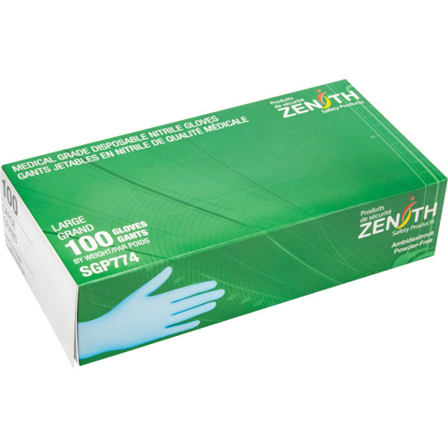 Gants jetables de calibre m&eacute;dical r&eacute;sistants &agrave; la perforation, Grand, Nitrile, 4,5 mils, Sans poudre, Bleu, Classe 2 Ontario Safety Products