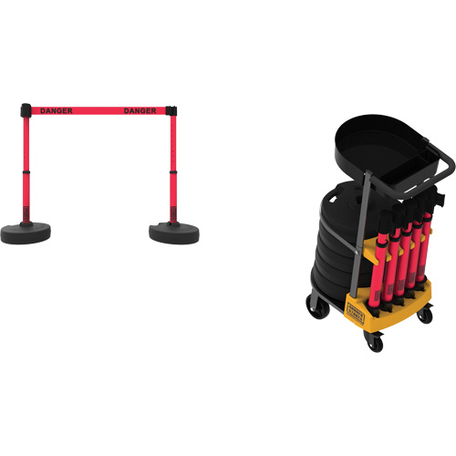 Syst&egrave;me de barri&egrave;re &agrave; chariot portatif avec plateau Plus, 75' lo, M&eacute;tal/Plastique, Rouge Ontario Safety Products