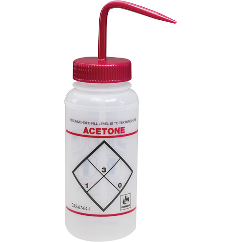Bouteille de rinsage &agrave; grande ouverture avec &eacute;tiquette de s&eacute;curit&eacute; "Acetone", 16 oz Ontario Safety Products
