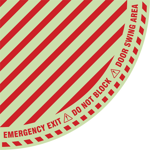 Signalisation au sol ?Emergency Exit? (sortie de secours) pour porte battante en quart de cercle, Adh&eacute;sif, Anglais avec pictogramme Ontario Safety Products
