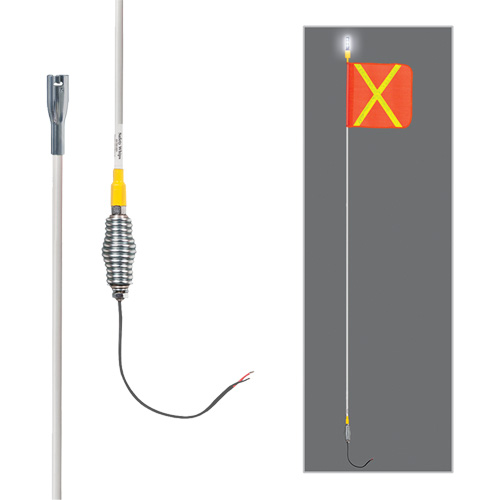 Tiges de s&eacute;curit&eacute; tout-temps de s&eacute;rie lourde avec lumi&egrave;re DEL constante Safety Whip, Fixation Ressort, Hauteur 10', Orange avec X r&eacute;fl&eacute;chissant Ontario Safety Products