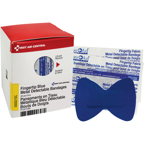 Pansements bleus d&eacute;tectables par d&eacute;tecteurs de m&eacute;taux pour bout de doigt, Bout de doigt, Tissu d&eacute;tectable, St&eacute;rile Ontario Safety Products