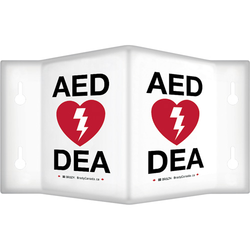 90° Projecting "AED/DEA" Sign, 6" x 5", Plastic, Bilingual with Pictogram Ontario Safety Products