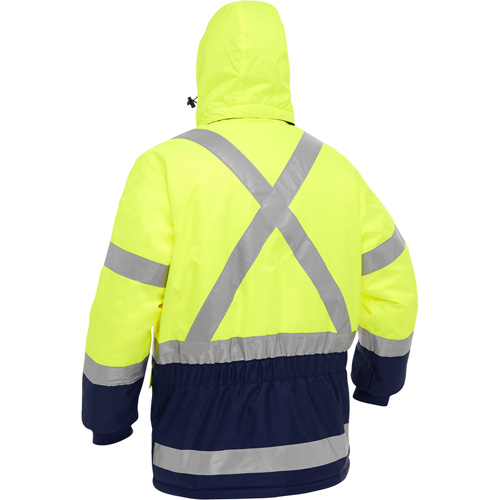 Manteau pour le froid extr&ecirc;me avec bas bleu marin et X au dos Bisley, Polyester, Jaune lime haute visibilit&eacute;, Moyen Ontario Safety Products