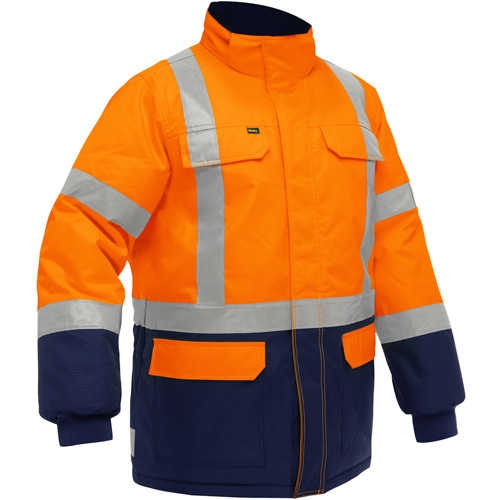 Manteau pour le froid extr&ecirc;me avec bas bleu marin et X au dos Bisley, Polyester, Orange haute visibilit&eacute;, 4T-Grand Ontario Safety Products